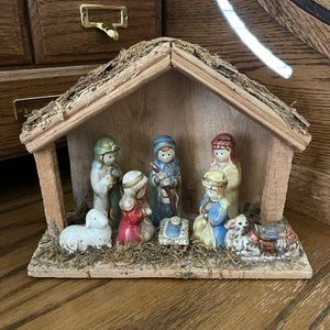Vintage Christmas Nativity Scene Painted Porcelain with Rustic Stable